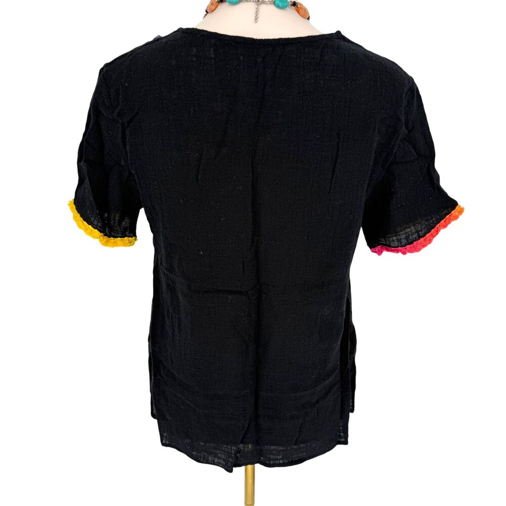 Boho Mexican Serape Stripe Bib Top Medium Entro Black Cotton Fringe Festival - Picture 13 of 15